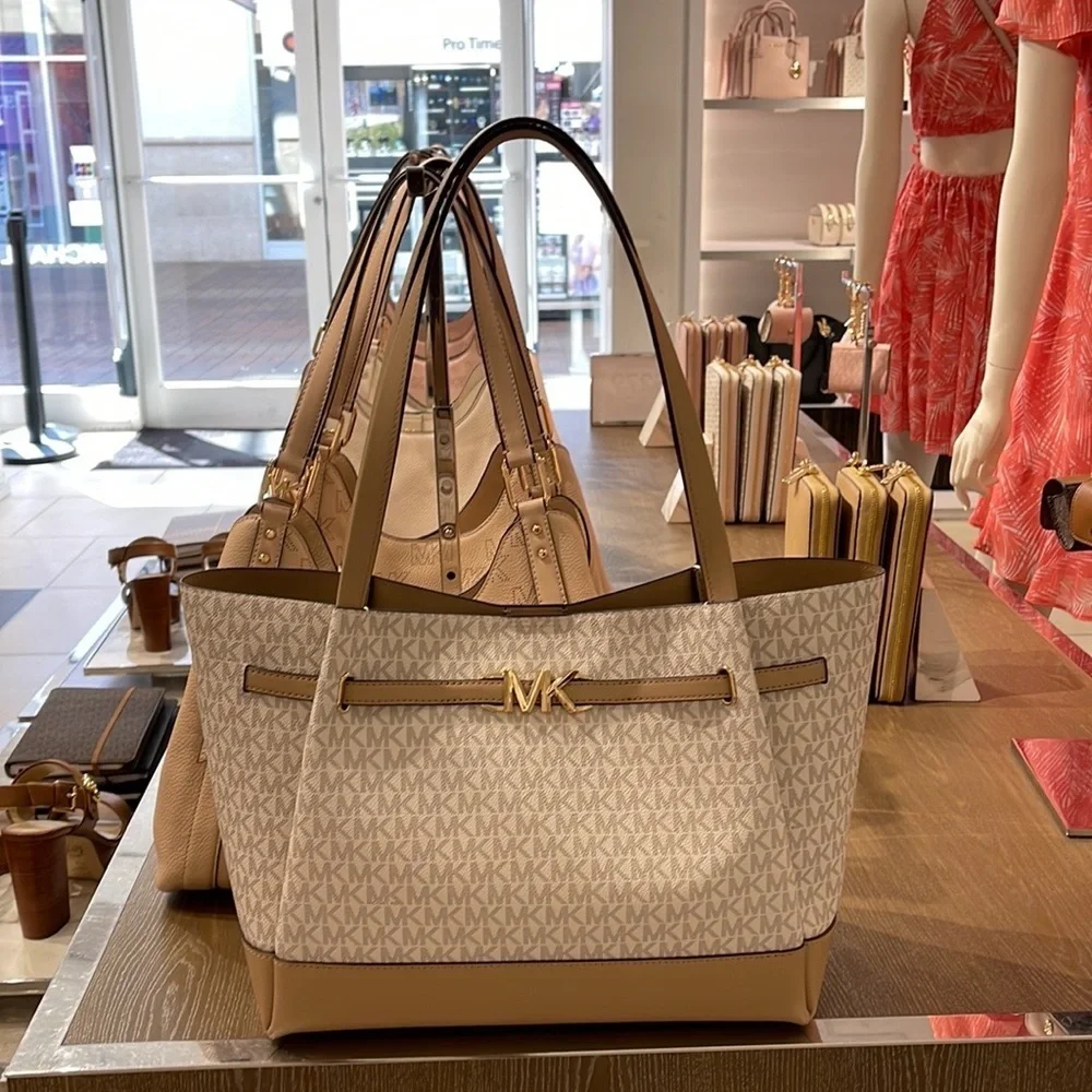 MICHAEL KORS Reed Large Logo Shoulder Tote Bag Camel Combo  35S3G6RT3B NWT